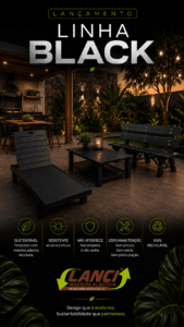 Linha Black da Lanci Madeira Plástica com espreguiçadeira, banco e mesa para áreas externas sustentáveis.